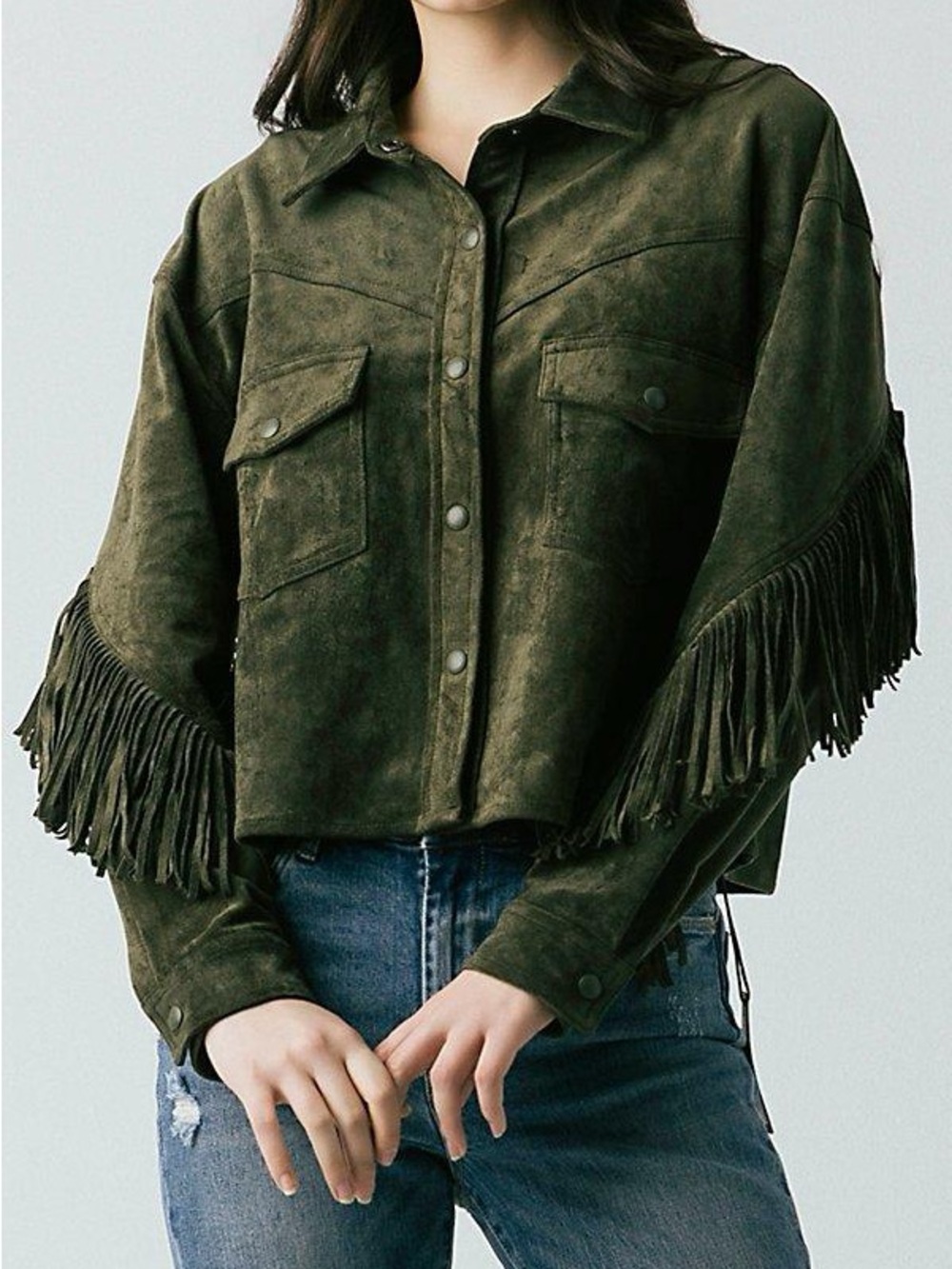 Blank NYC Olive Green Fringe Suede Jacket -